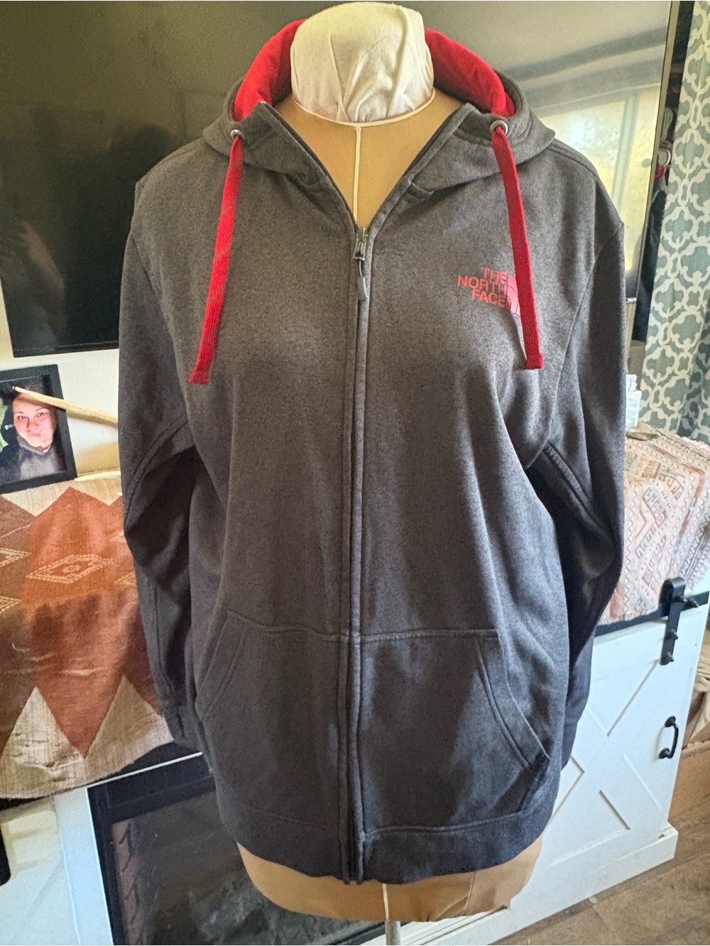 The North Face Gray Zip Hoodie with Red Hood Accents